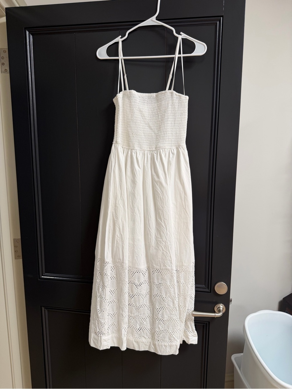 White Smocked Midi Dress with Eyelet Hem